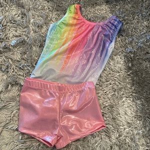 Rainbow sparkle leotard and pink shorts